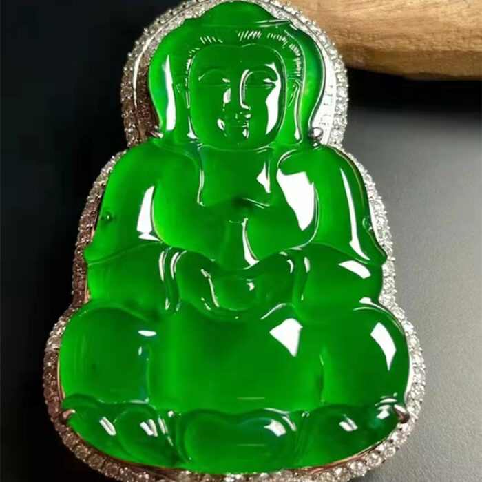 Imperial Green Jade Diamond Buddha Pendant