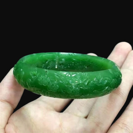 1800s Vintage Jade Bangle Handmade Engraved Natural Green Jade Bangle