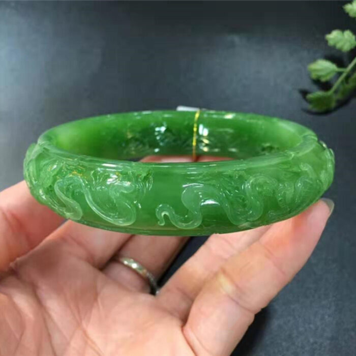 Vintage Engraved Natural Green Jade Bangle