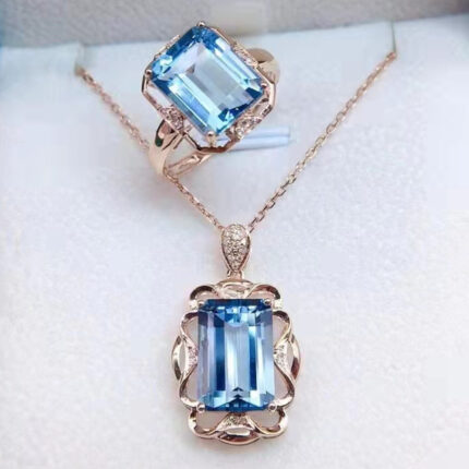 Natural Blue Topaz Pendant Ring Set